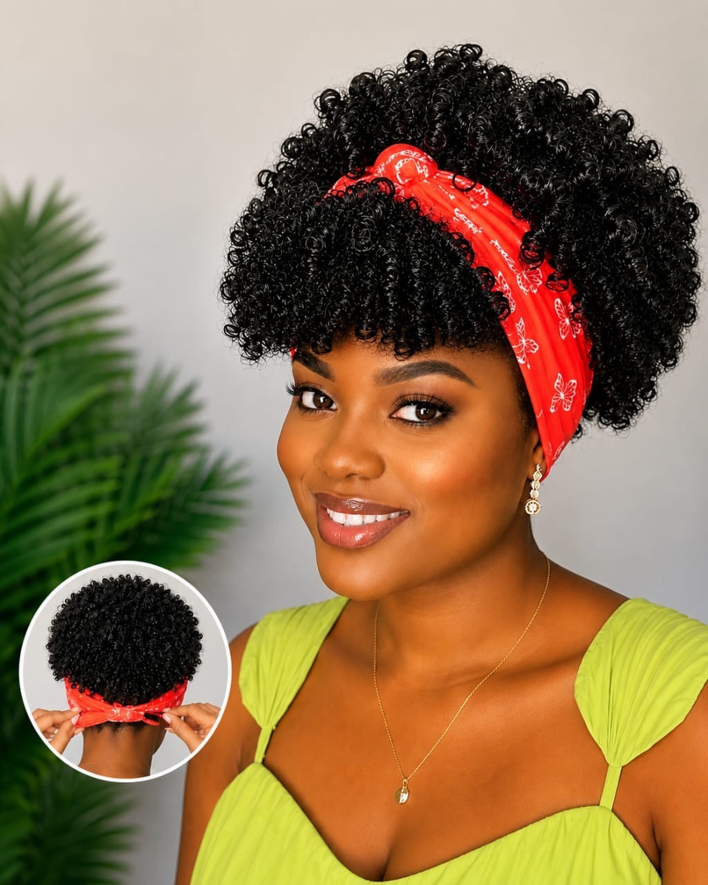 Women’s 6-Inch Short Pink Kinky Coil Headband Wig, Adjustable Band, Soft Curly