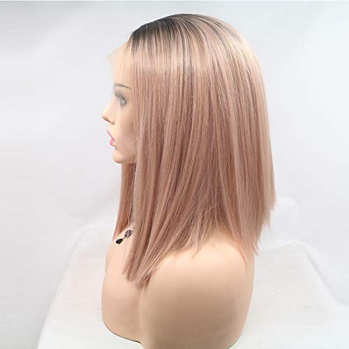 xiweiya Ombre Pink Lace Front Wig Rose Gold Wig Short Straight Peach 13×4 Lac…