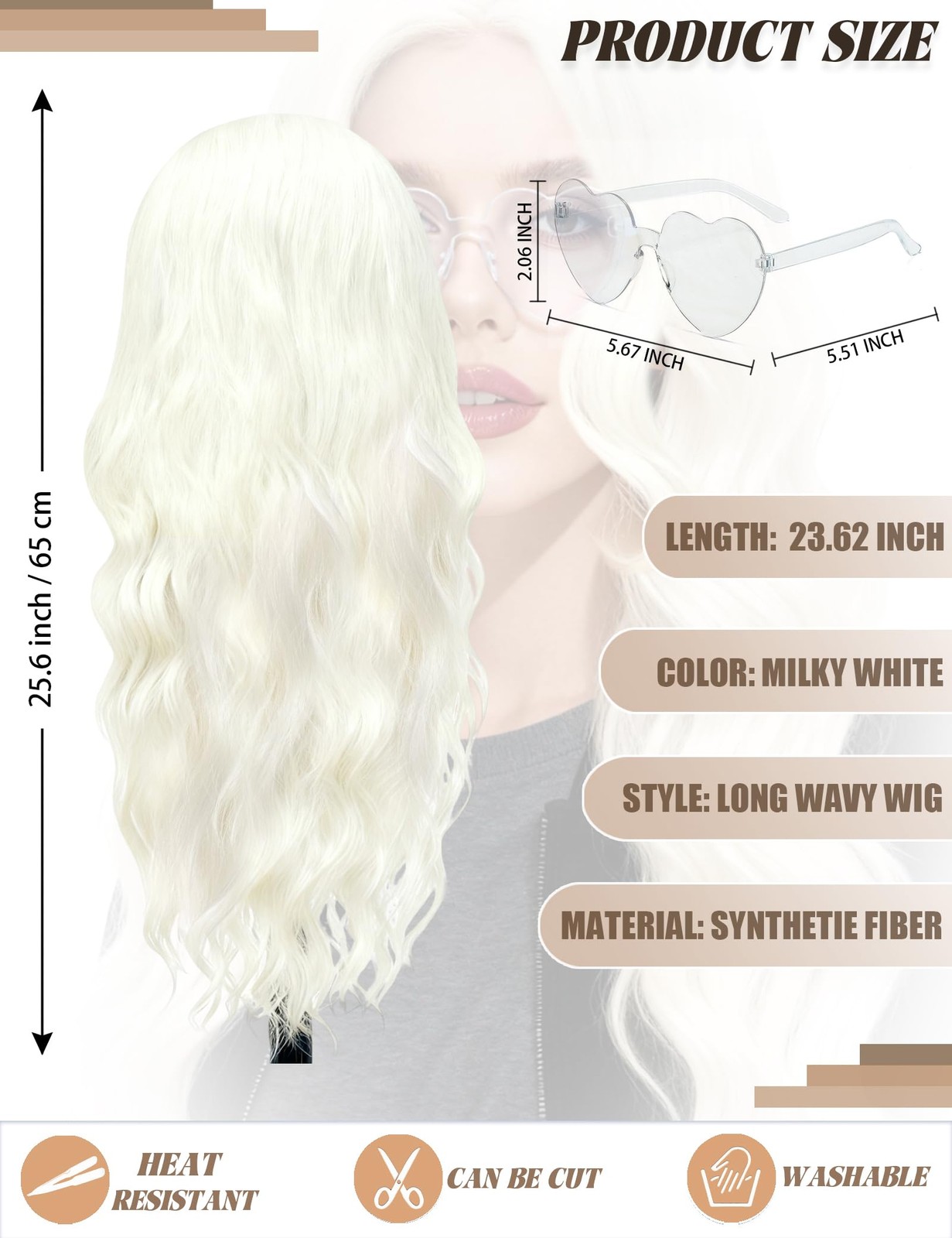 23.62 Inch Long Wavy Wig Middle Part for Women and Party Sunglasses, Curly Wa…