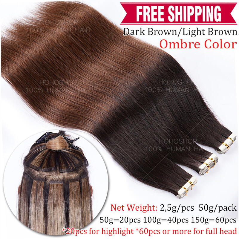 THICK Ombre Tape In/On Skin Weft Remy Human Hair Extensions 24Inch Balayage FULL