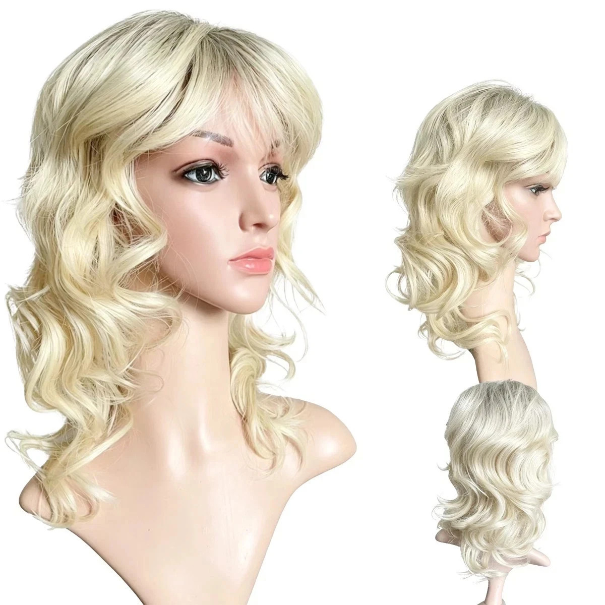 Dark Root Ombre Pale Blonde Wavy Bob Wig, Shoulder Length Synthetic Full Wig wit