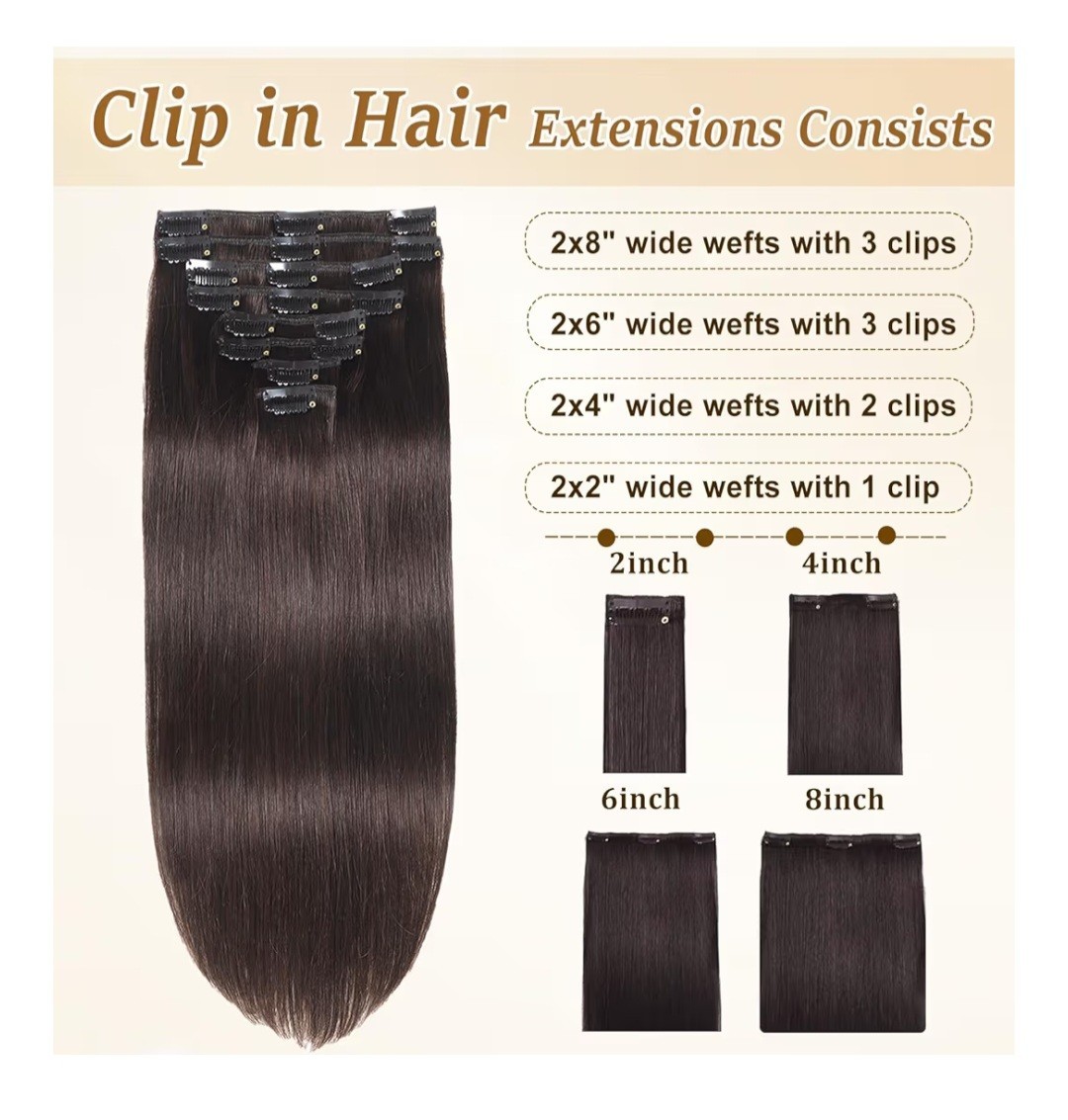 Clip-In Human Hair Extensions, Dark Brown, Straight, 8in, Tangle-Free, 7pcs