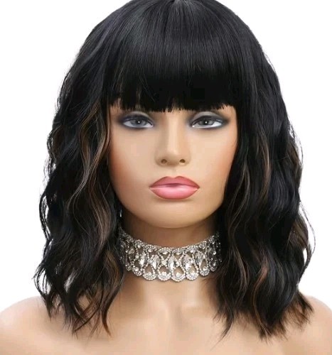 Wavy Bob Black Brown Highlight Wigs with Bangs for Women Short Bob Curly Wig