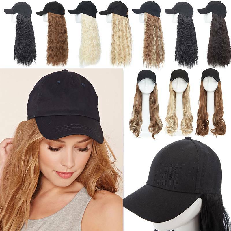 US Women Baseball Cap with Synthetic Wig Long Wavy Full Wigs Hat for Natural Use