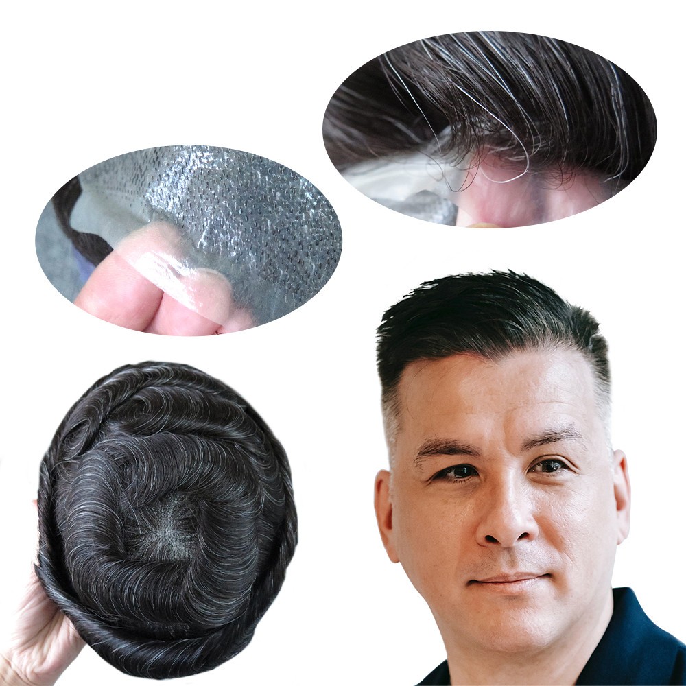 Mens Toupee Human Hair Replacement System 0.05mm Thin Skin Hairpieces BIO #1B20