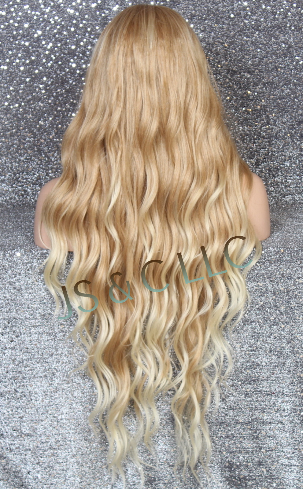 Human Hair Blend 40″ Long Full Wig Heat OK Wavy Blonde mix bangs JSSH 27-613