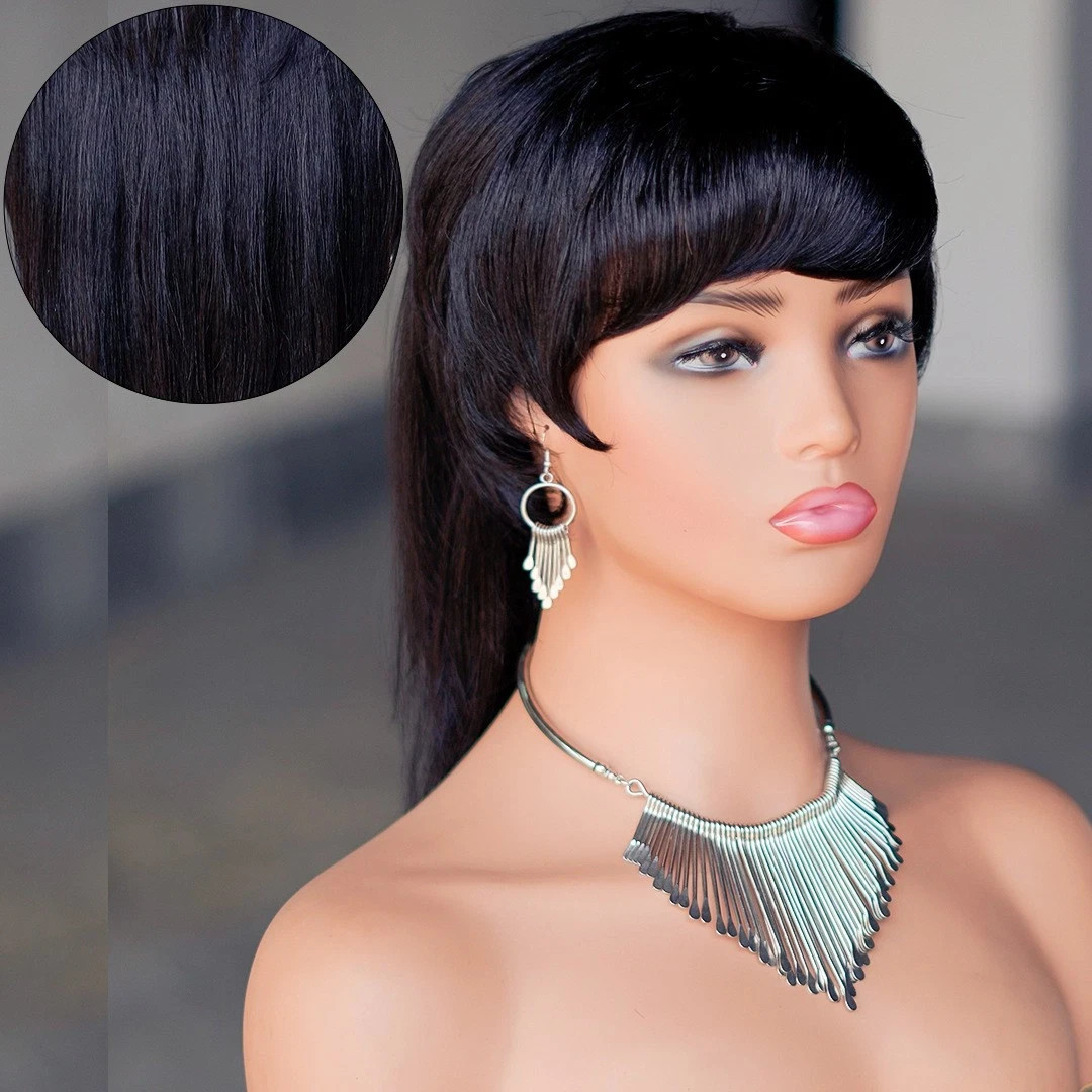 Black Pixie Cut With Bangs Human Hair Mullet Wigs for Women Fashion Straight Wig