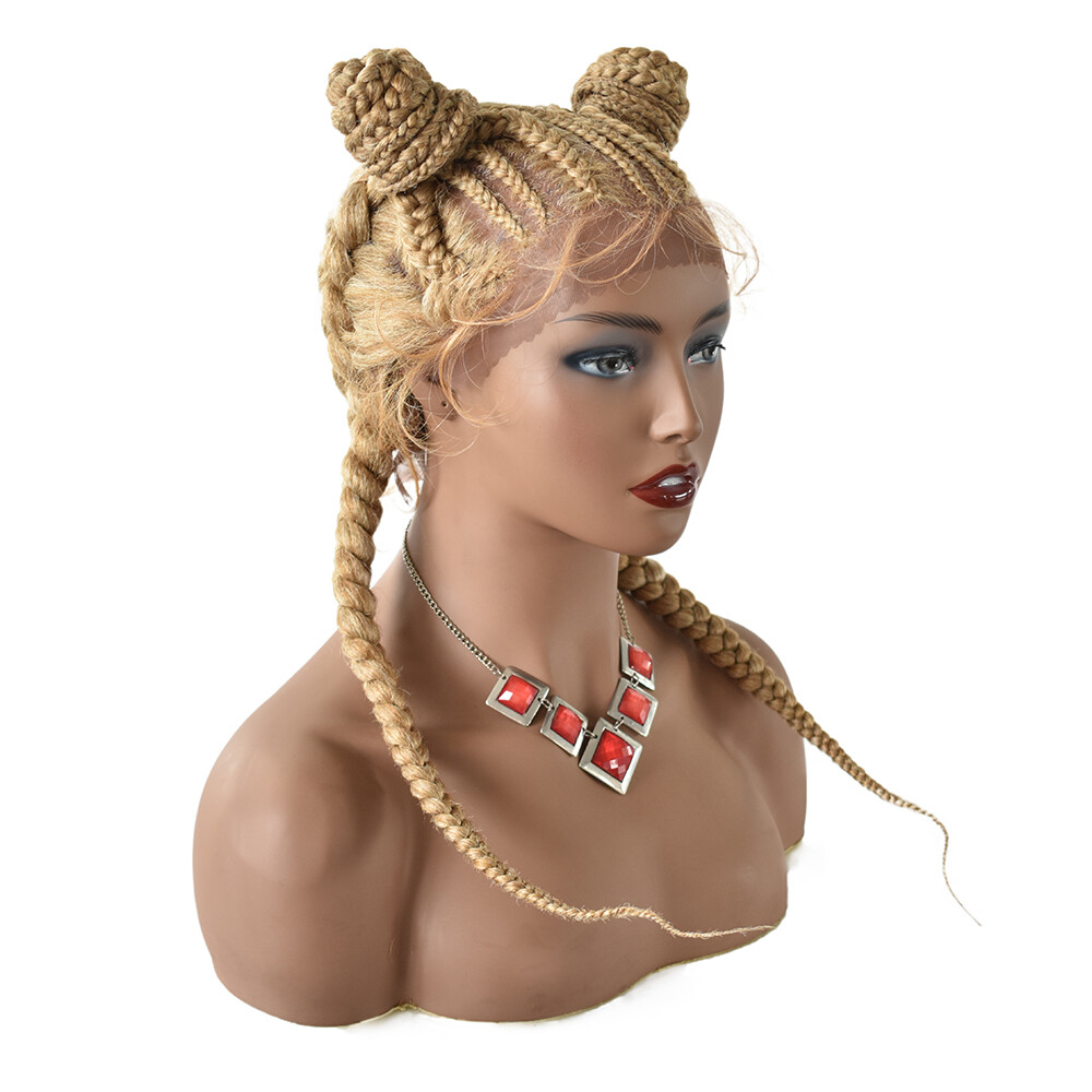 Swiss Lace Front Cornrow Box Braided Women Wigs Baby Hair 2 Updo Buns Ponytails