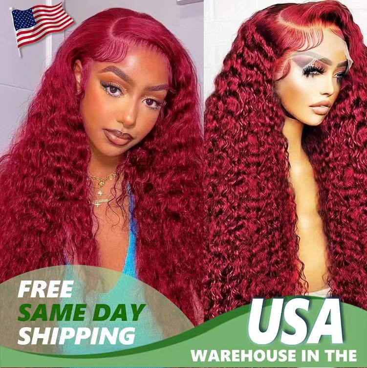 Brazilian Virgin Wigs Transparent Lace Human Hair 13×4 Burgundy 99J Water Wave