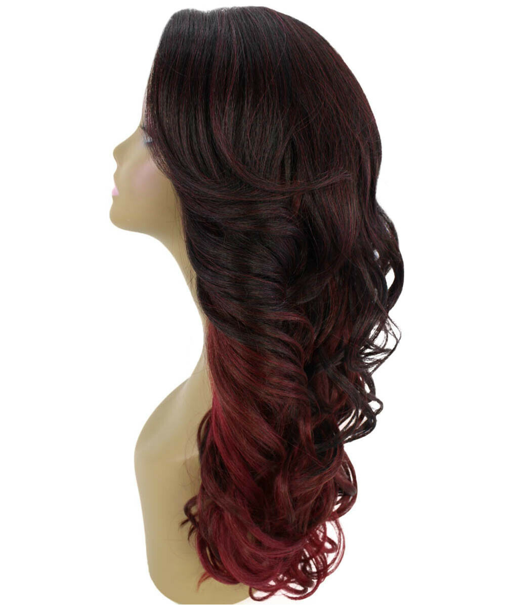 LUXLUXE Yenne Wavy 23 in 4X4 Hand Tied Lace Front Wig, Deep Red over Medium Red
