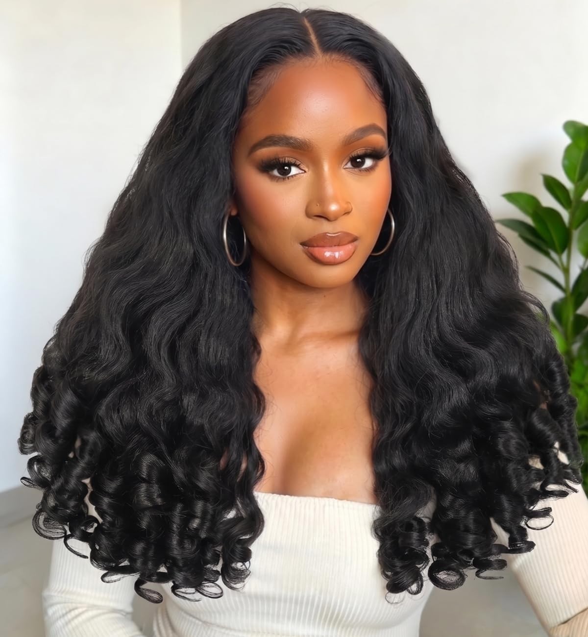 V Part Yaki Curly Wig 22 Inch Glueless Synthetic Half Wig for Black Women