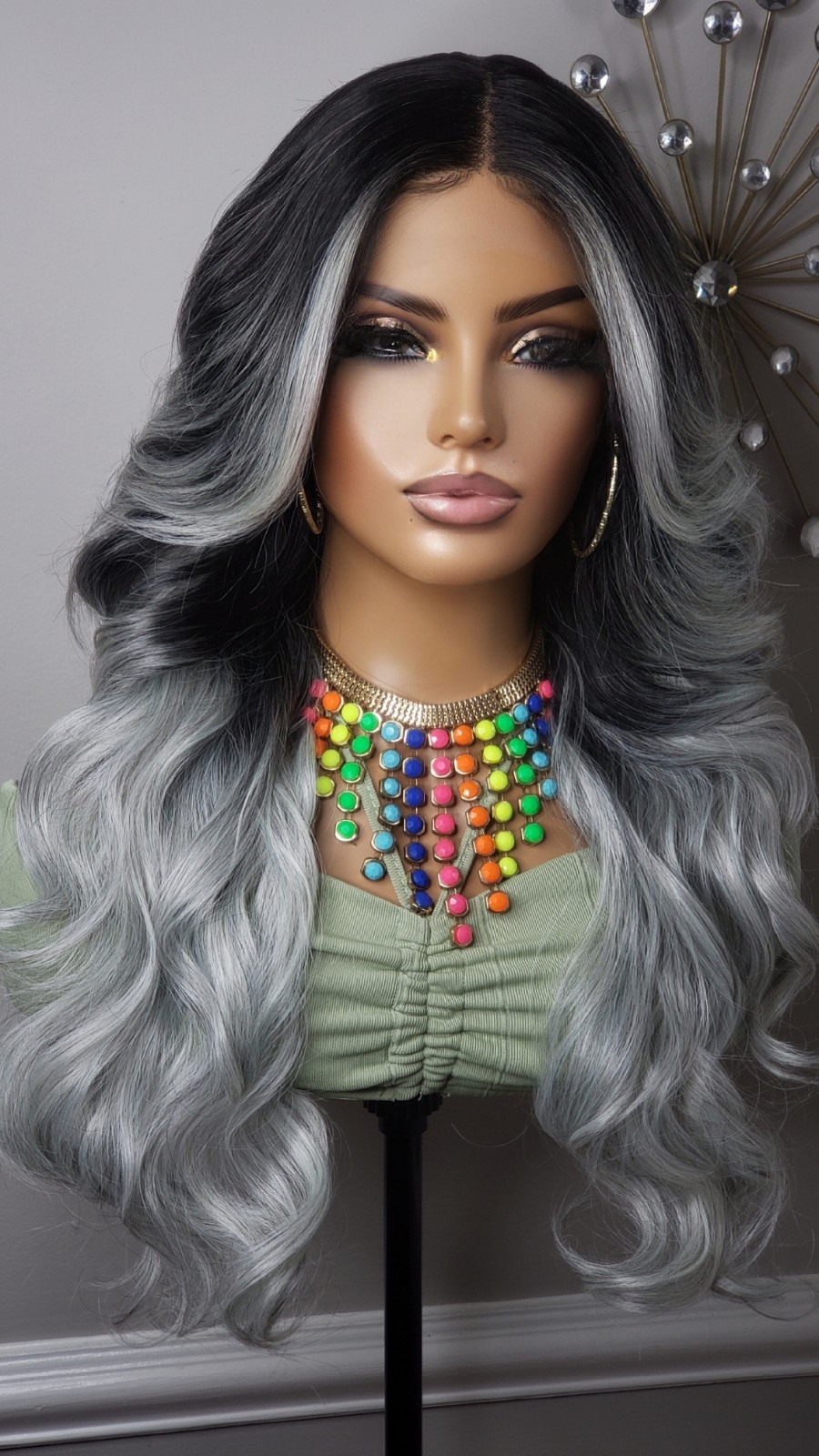 New Long Curly Money Piece Silver Gray Black Lace Front Wig Womens Wavy Style