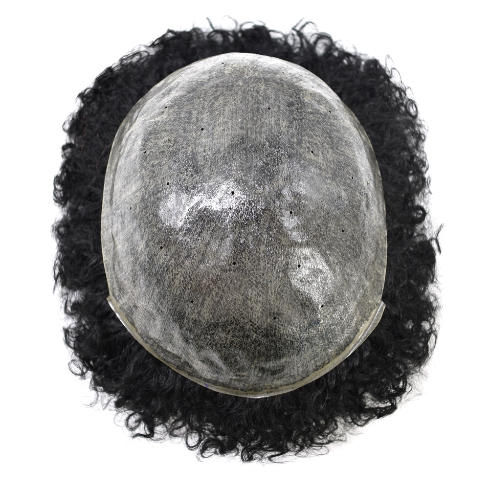 Afro Curl Mens Toupee Poly Skin Hair System Replacement for Men Breathable Holes