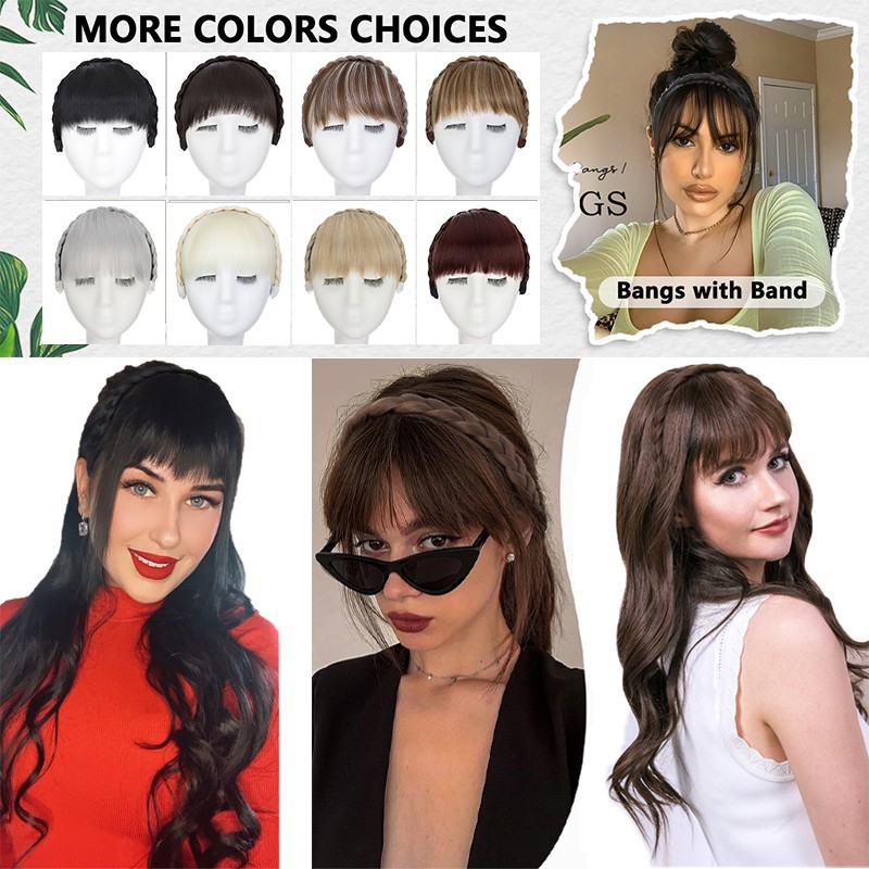 Headband Wig with Front Bangs + Topper Hair Headband Braid Wig for Women Girls