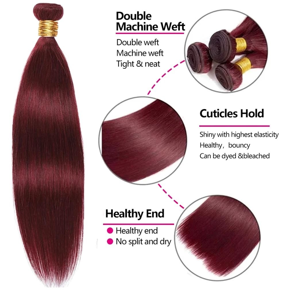 Extension Straight Human Virgin Hair 99J Wine Red Bundle 30 32 34 NEW w/Cap