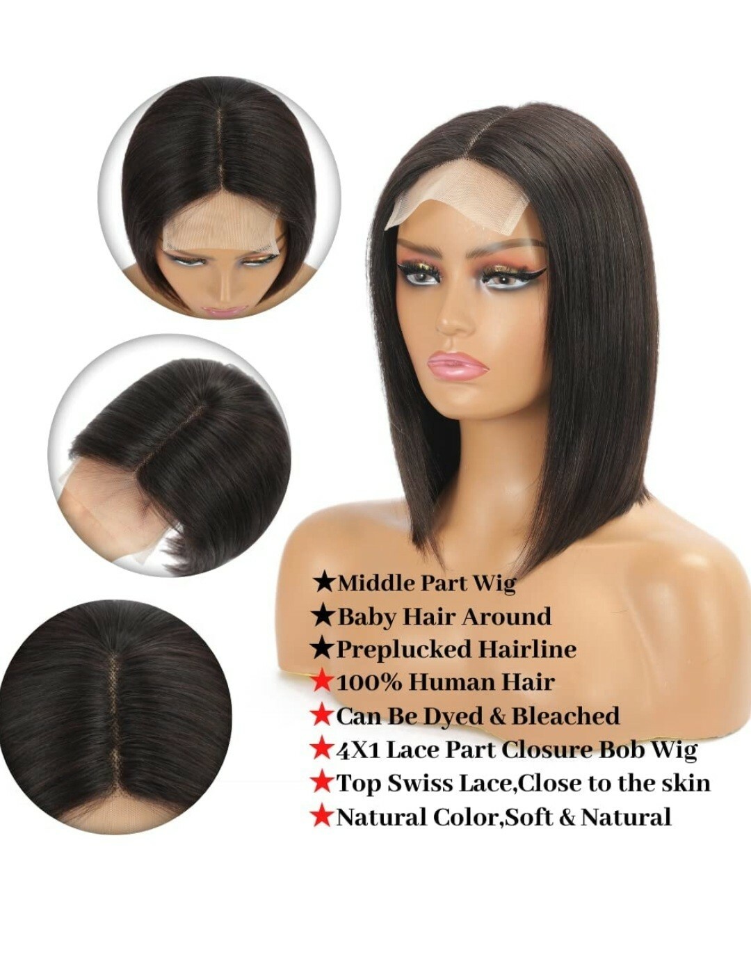 4X4X1 T Part Lace closure Straight Bob Human Hair Wig 12in