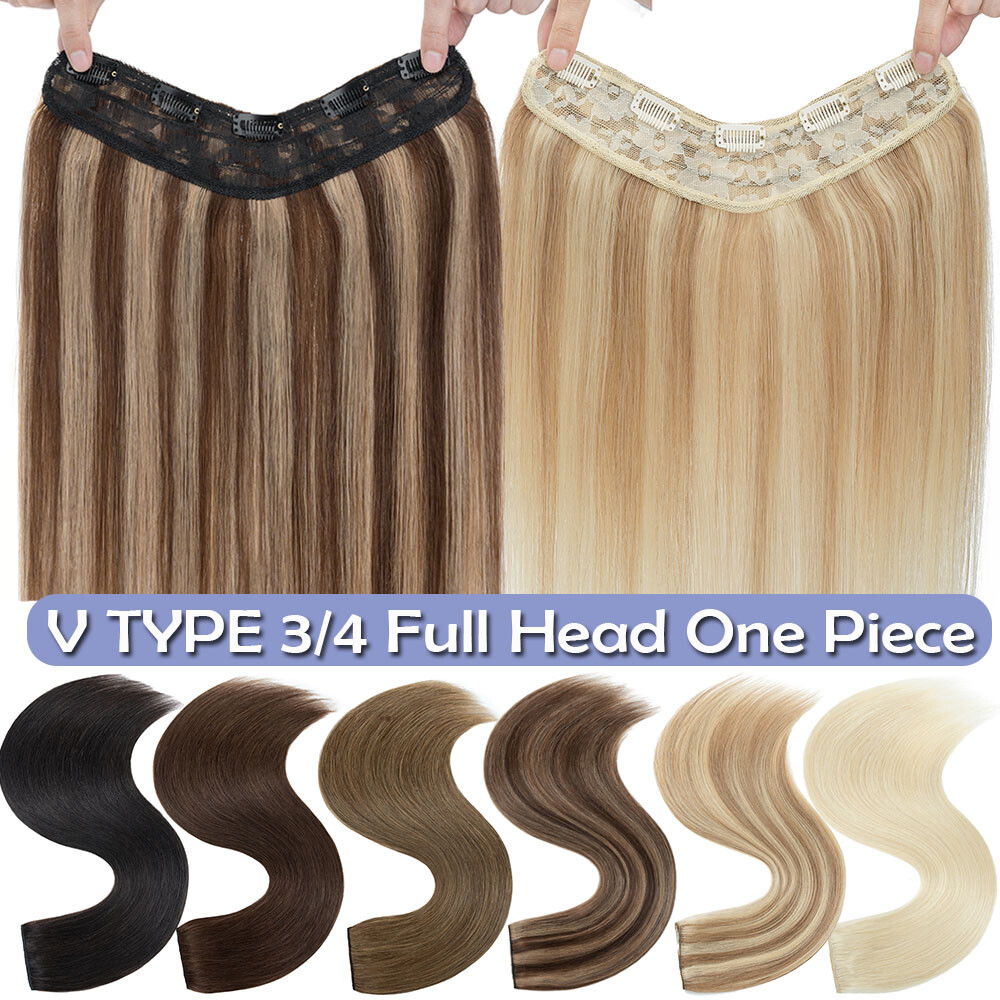 One Piece U-Shape 100% Remy Human Hair Extensions Clip In 3/4 Full Head Weft Icy