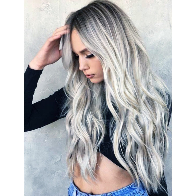 Long Curly Wave Black Grey Ombre Synthetic Wigs Heat Resistant Fashion Party