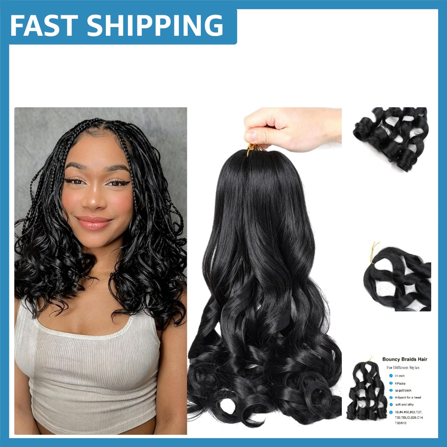 High-Quality 14 Inch French Curl Braiding Hair Extensions – 8 Packs 1b