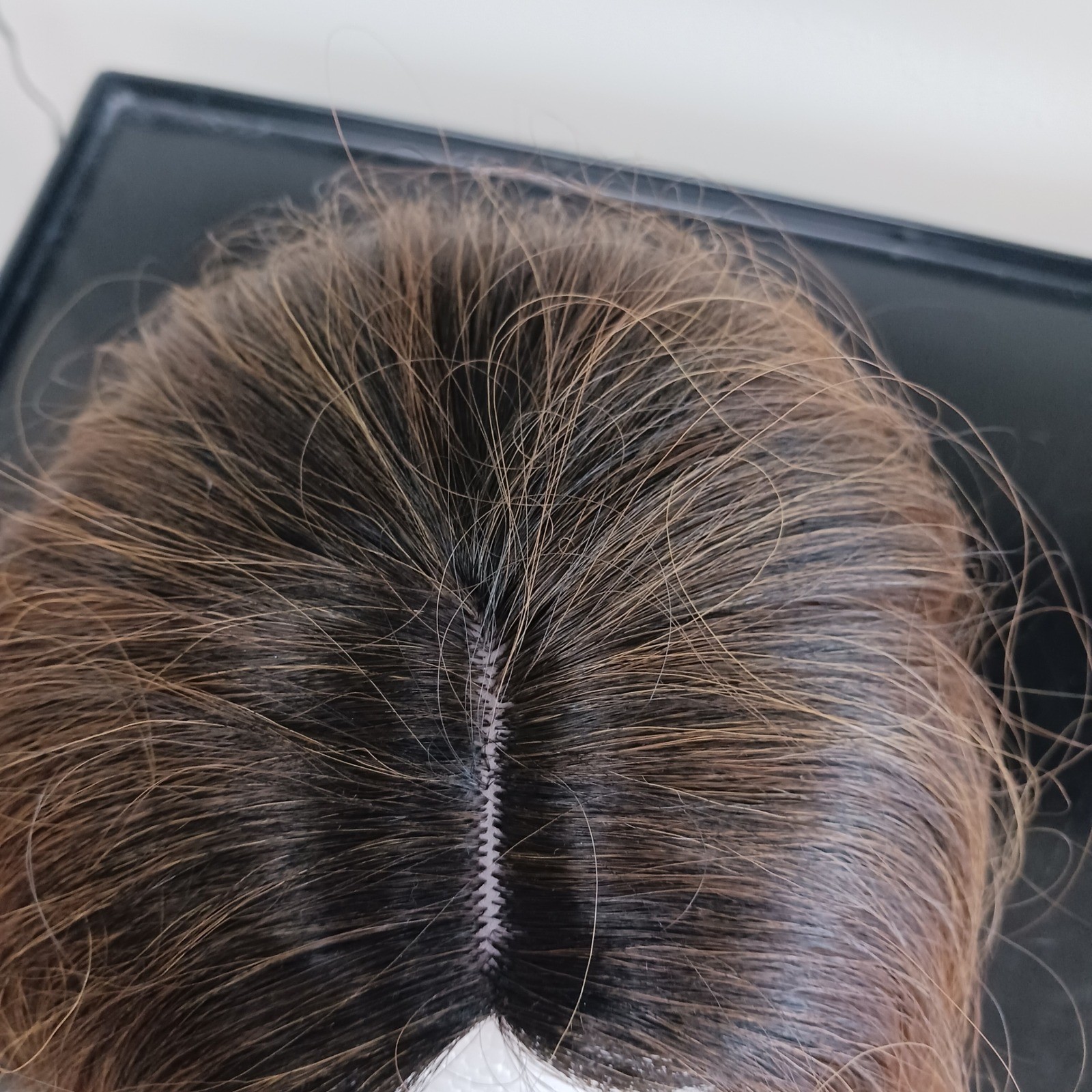 Hair Topper Golden Brown Dark Roots Clip-In center part Wavy Synthetic Hairpiece
