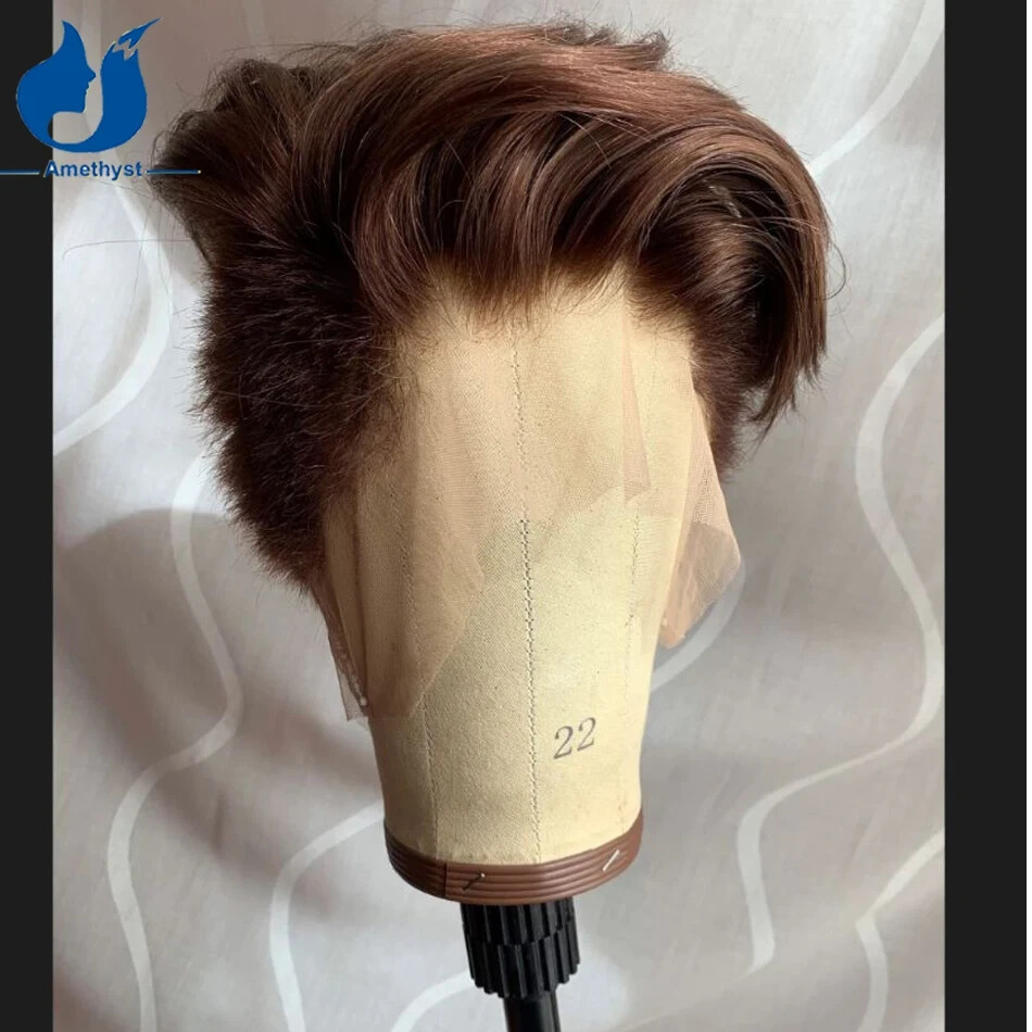 #4 Brown Pixie Cut Bob Wig for Men Short European Boy Cut Shaved Full Lace Wig