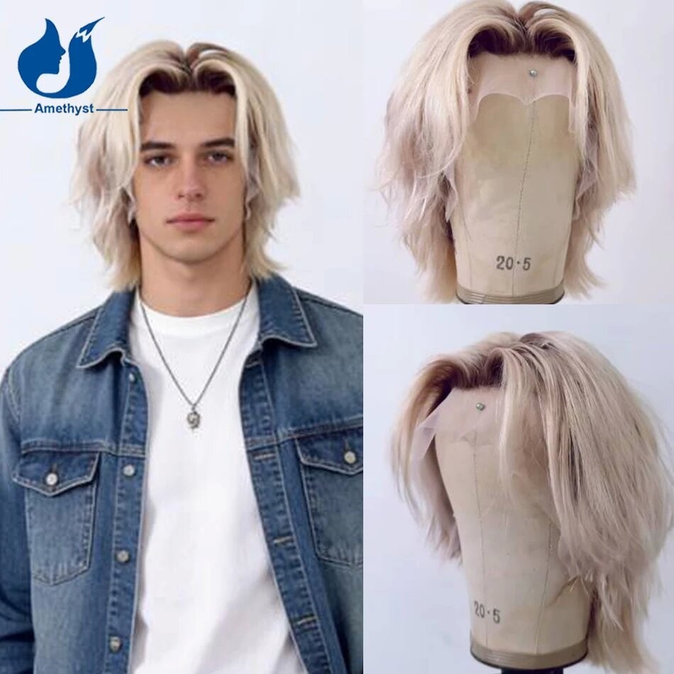 Human Hair Wig for Men White Platinum Blonde with Dark Roots Boy Cut Male Wig