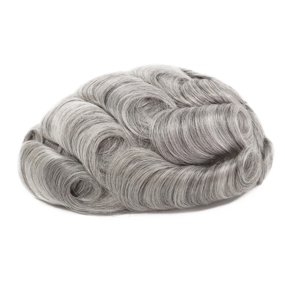 Mens Toupee French Lace Human Hair System Medium Density Grey Hair Pieces #1B80