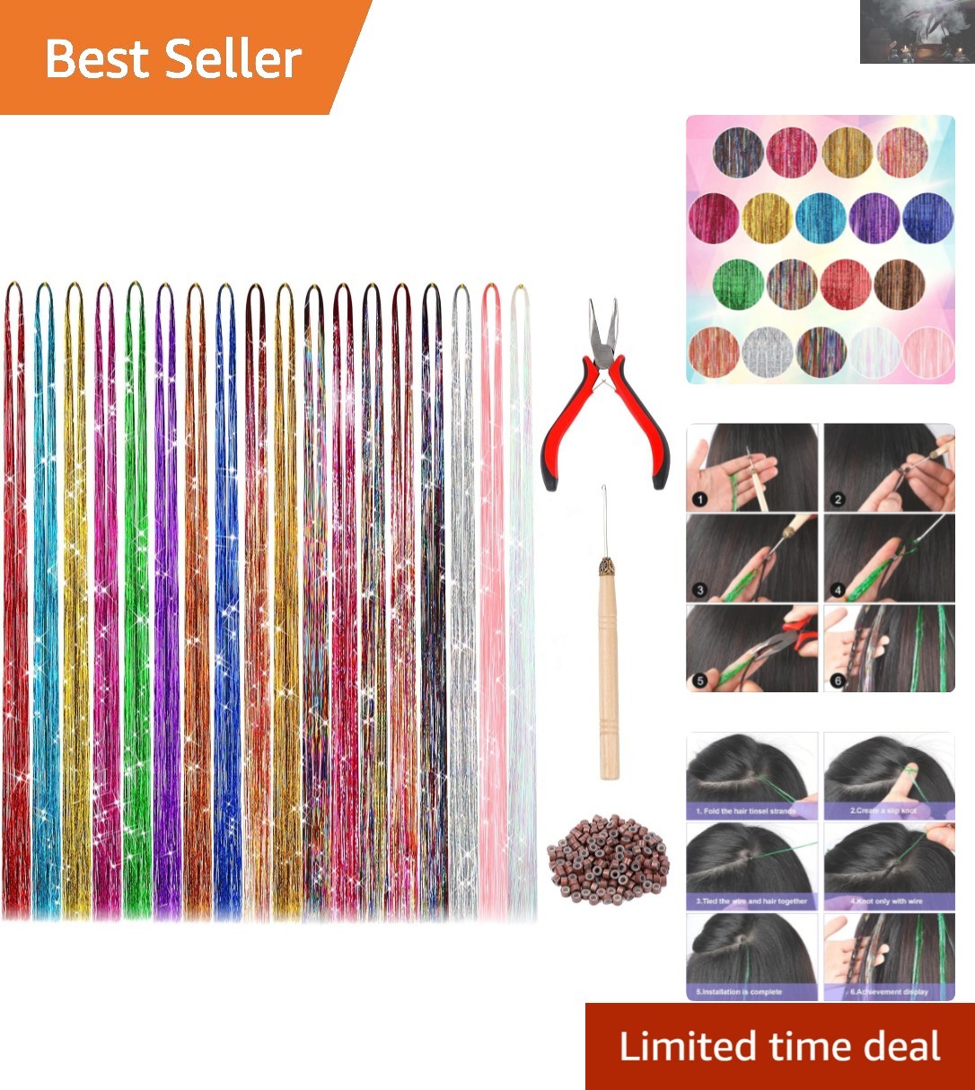 Glamorous 47” Tinsel Hair Extensions Kit – 18 Sparkling Colors & Tools Included