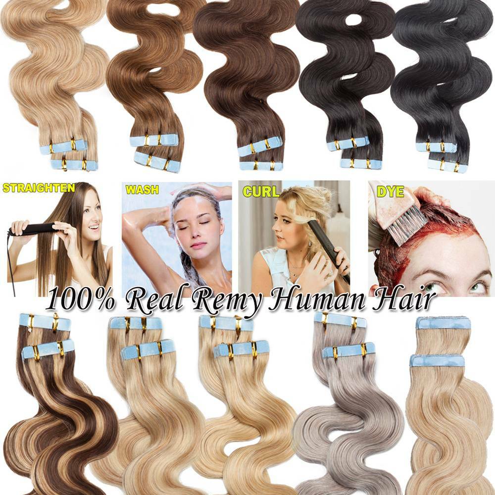 Soft Tape in Skin Weft Remy Human Hair Extensions Full Head Wavy Highlight 10pcs