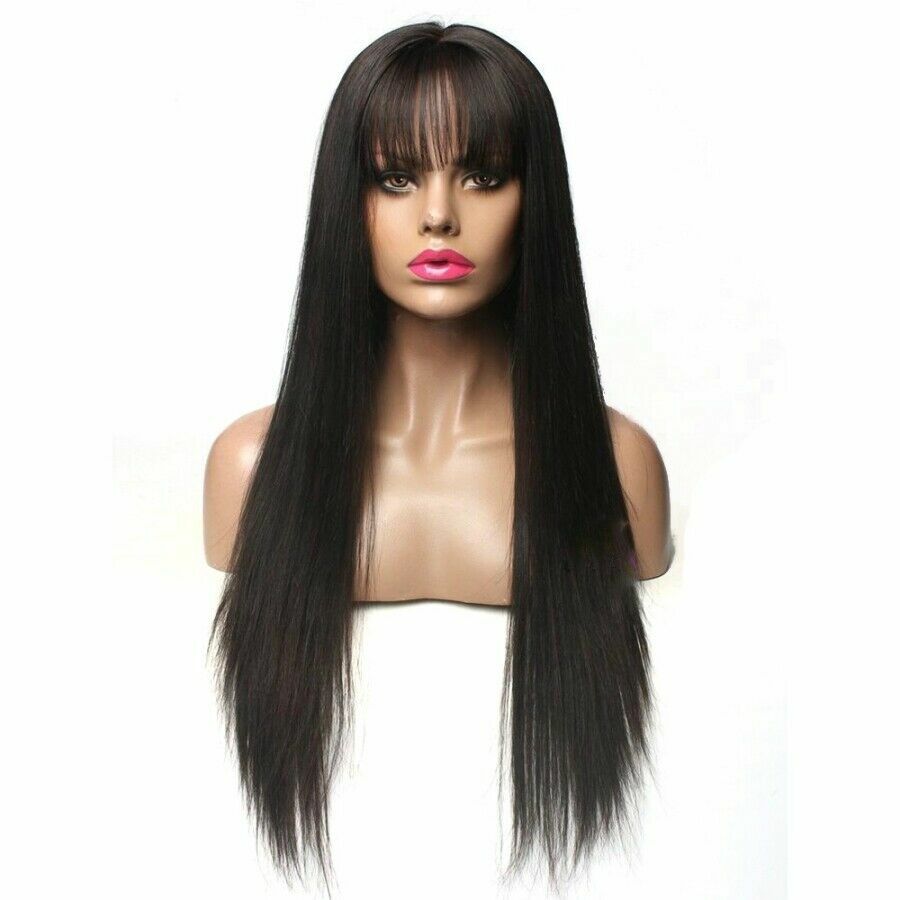 Silk Top Human Hair Wig with Bangs Virgin Straight Silk Base Lace Closure Wigs