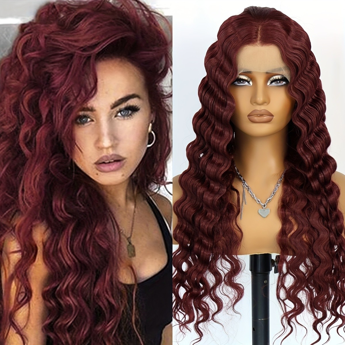 Long Deep Wave Wine Red Lace Front Wigs Pre Plucked Natural Hairline Gluelesss