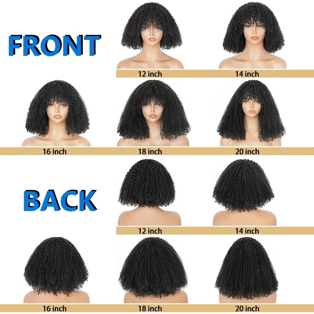 Afro Kinky Curly Wig with Bangs Human Hair 200% Density Short Wig