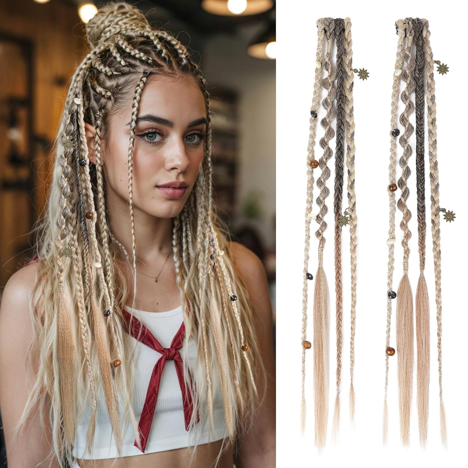 Clip in Braid Hair Extensions Women 20″ Boho Dreadlock Clip in Braids with Beads
