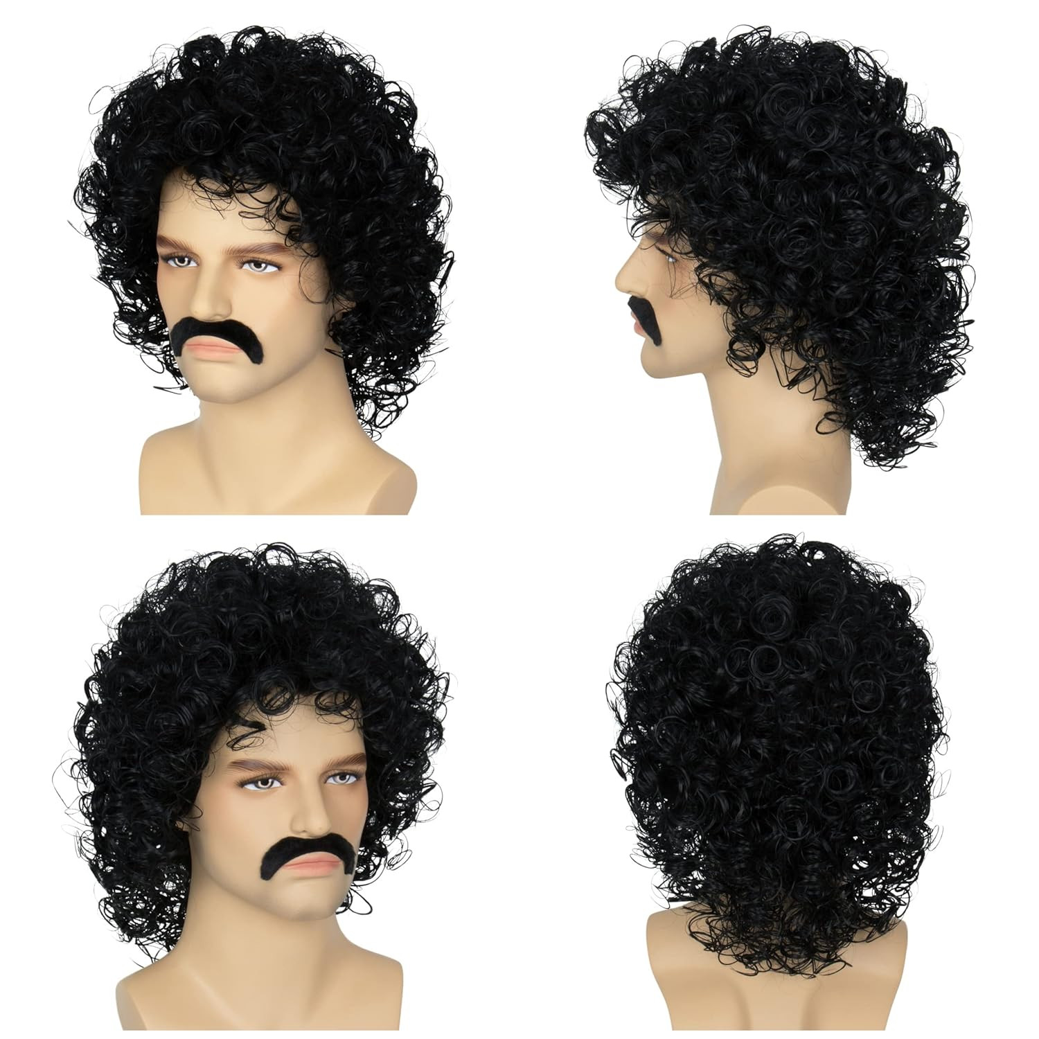 Miss U Hair Jerry Curl Wig Mens Short Black Curly Wig With Mustache 70s Rocker M