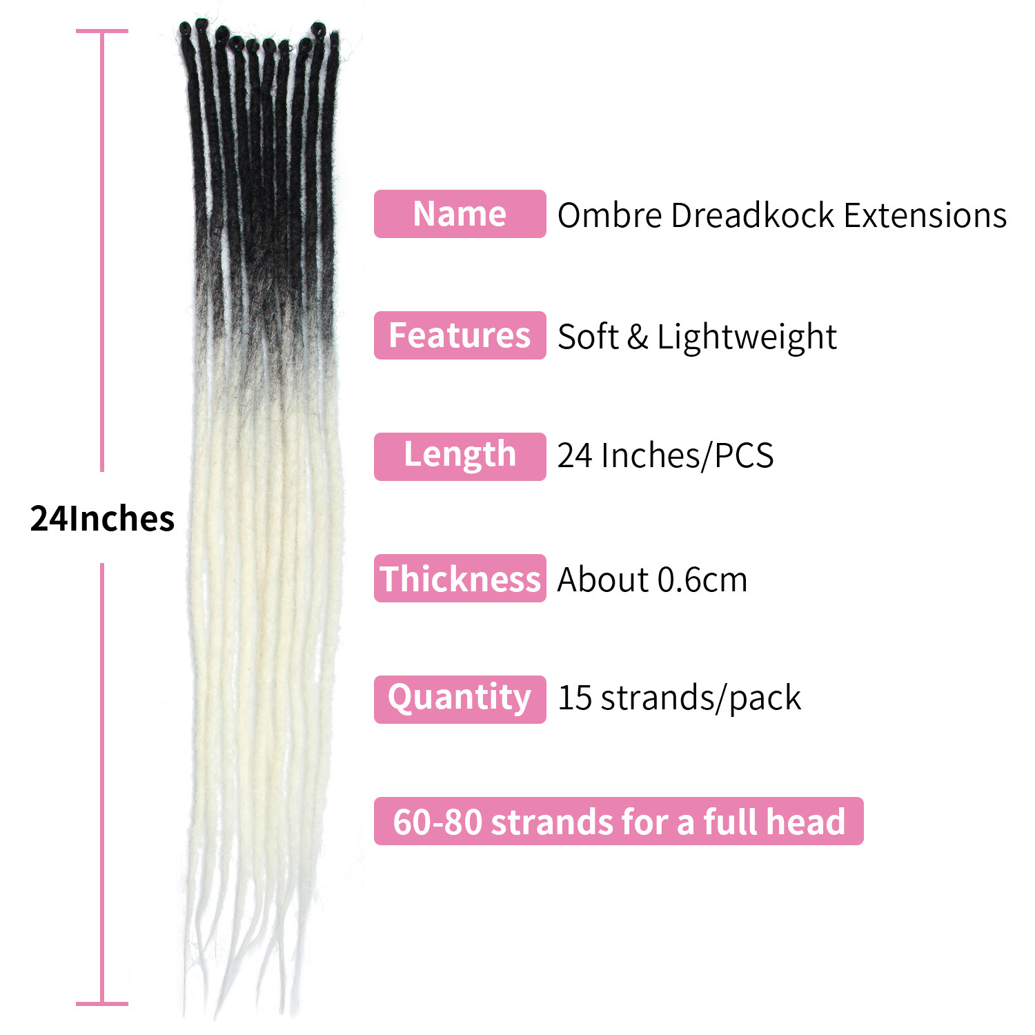 24″ Ombre Soft Dreadlocks Thin 0.6cm Handmade Dreads Loc Hippie Dreads Extension
