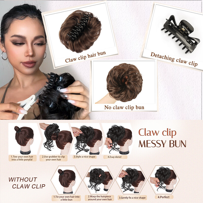 Thick Clip on in Messy Bun Hair Piece Extensions Wedding Updo Claw Ponytail Lady