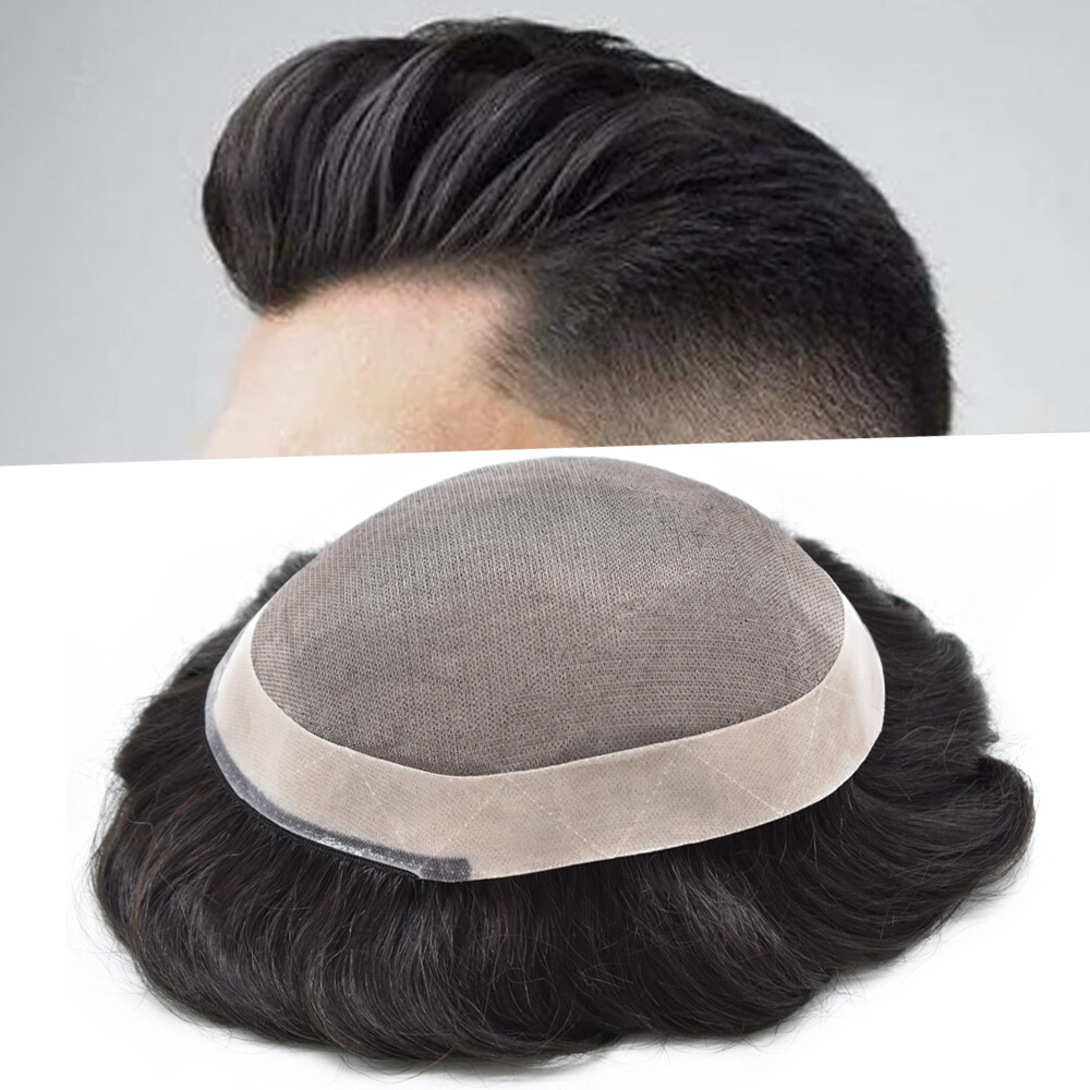 Mens Human Hair Replacement System Hairpiece Fine Mono Poly Skin Mens Toupee Wig