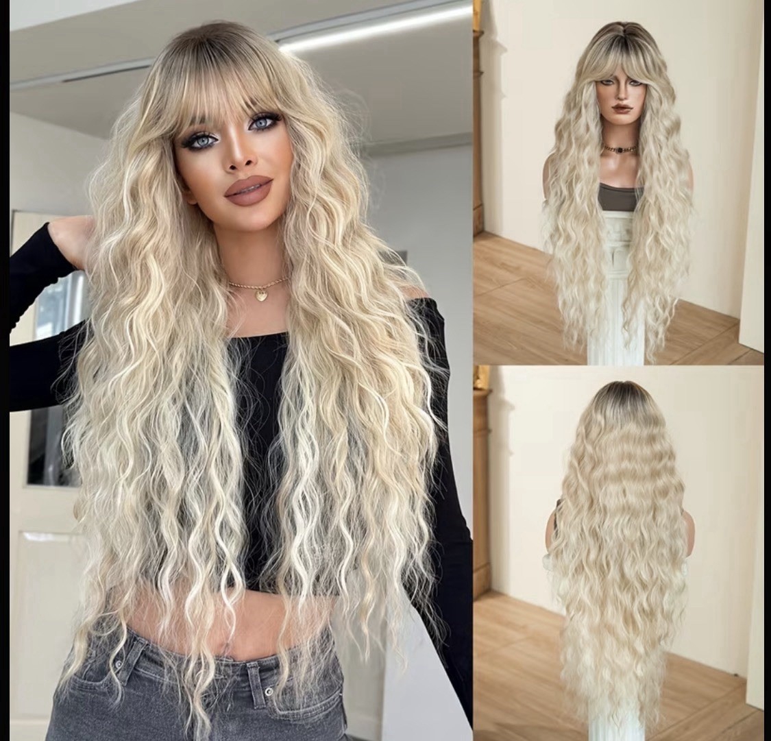 Long Wavy Blonde Synthetic Lace Front Wig w/ Dark Roots & Bangs, One Size