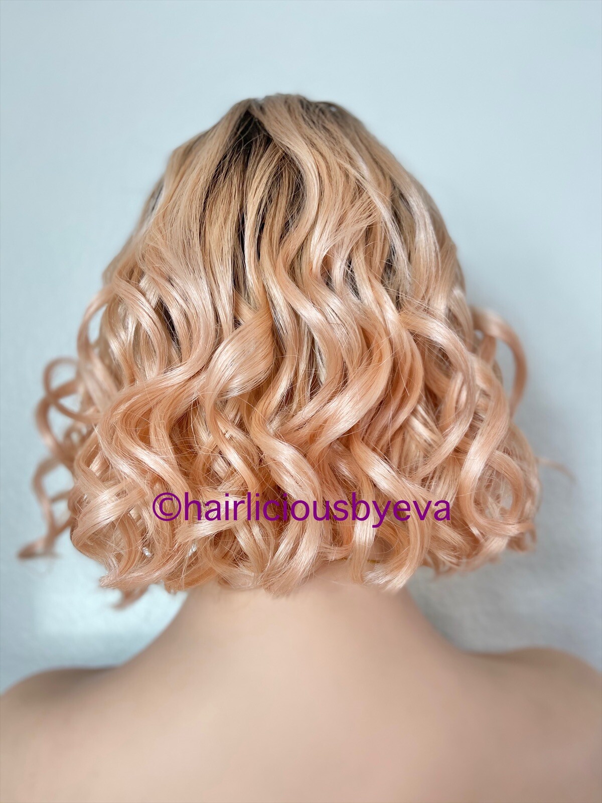 Bob Wig Curly Rose Gold Pink Ombré Middle Part Short Length Heat Resistance Ok