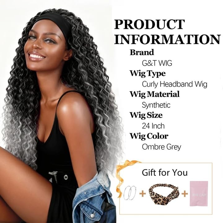 Headband Grey Wigs for Black Women Heat Resistant Synthetic Curly Headband Wi…