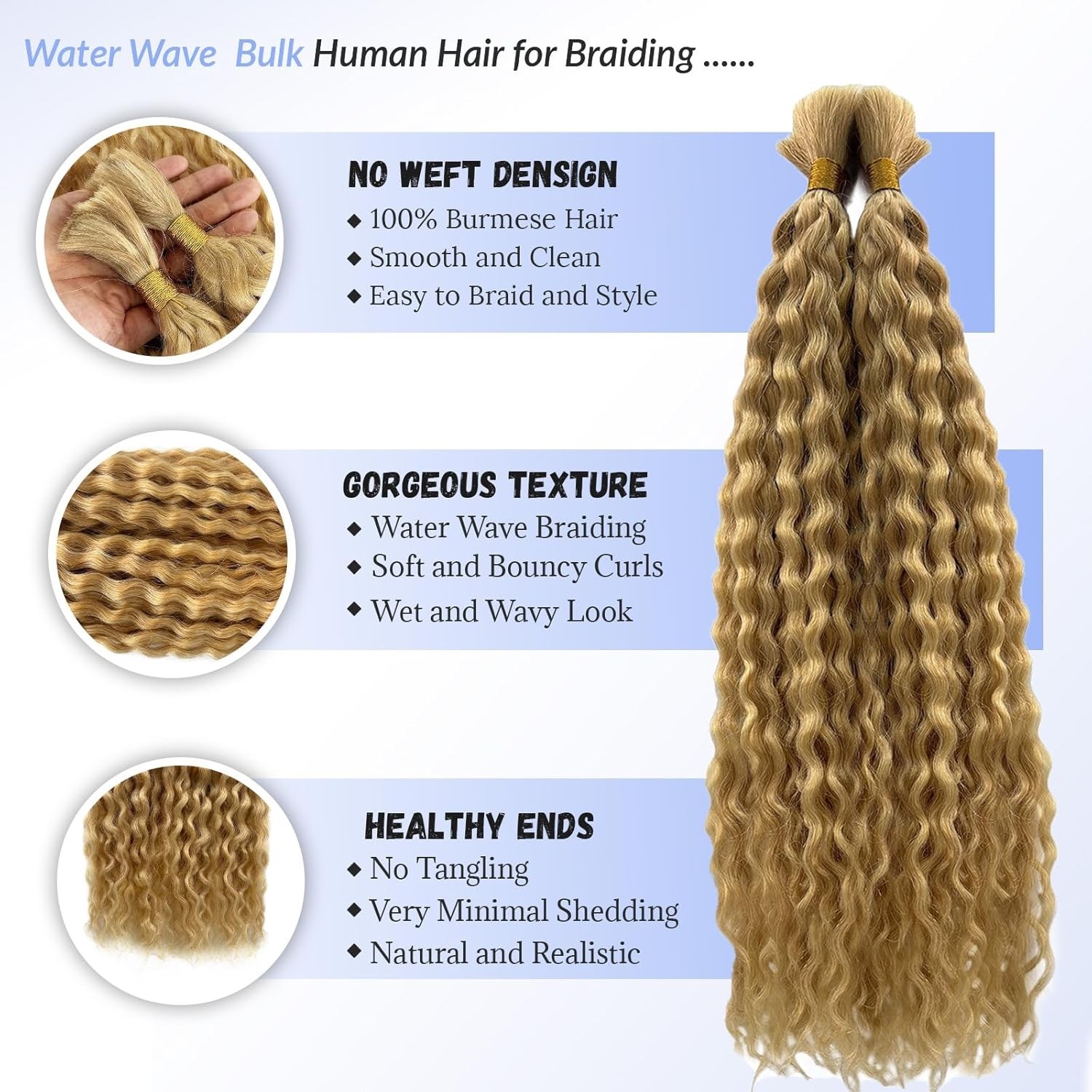 Human Braiding Hair for Boho Braids Water Wave Bundles Bulk Human Hair #24 Honey