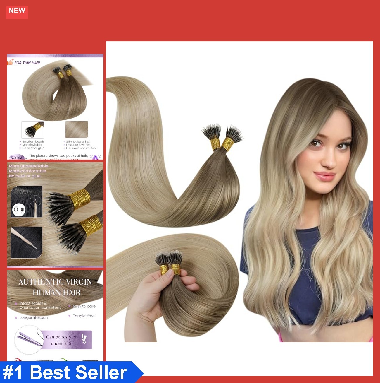 Nano Bead Hair Extensions Ombre Light Brown to Ash Blonde Real Human Hair 18