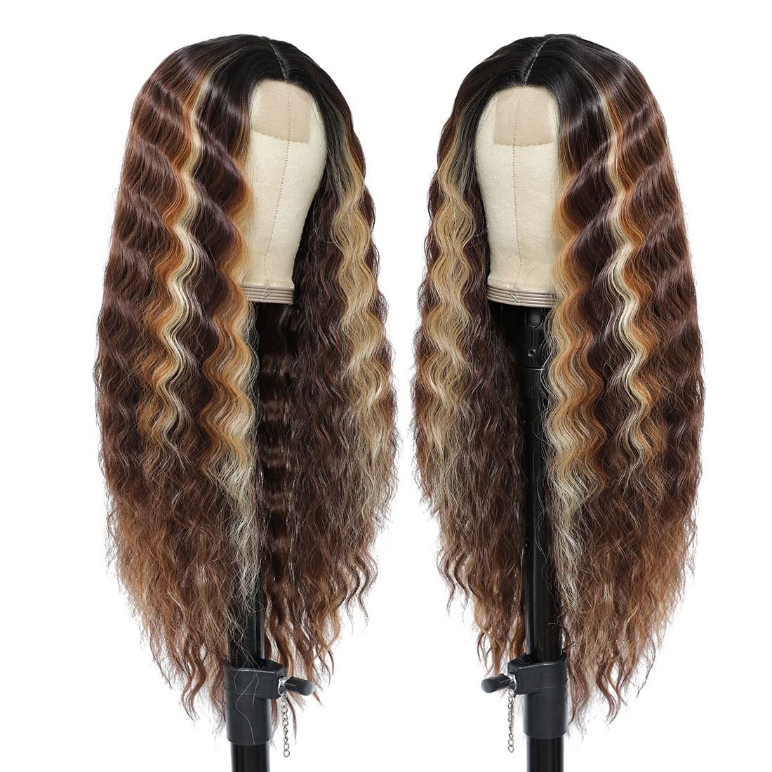 Comfortable 28″ Brown Mixed Blonde Deep Wave Wig – Versatile for Any Occasion