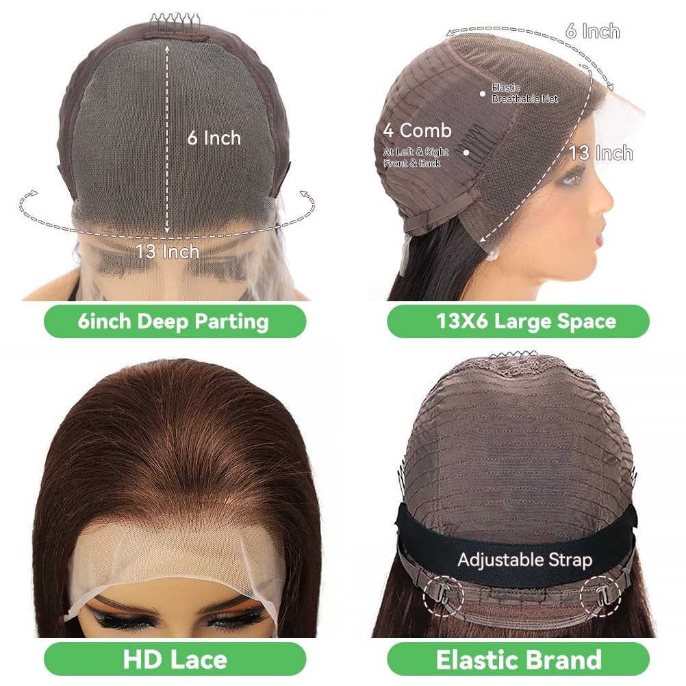30″ Chocolate Brown Body Wave HD Lace Front Wig, 200 Density, Pre-Plucked, Dark