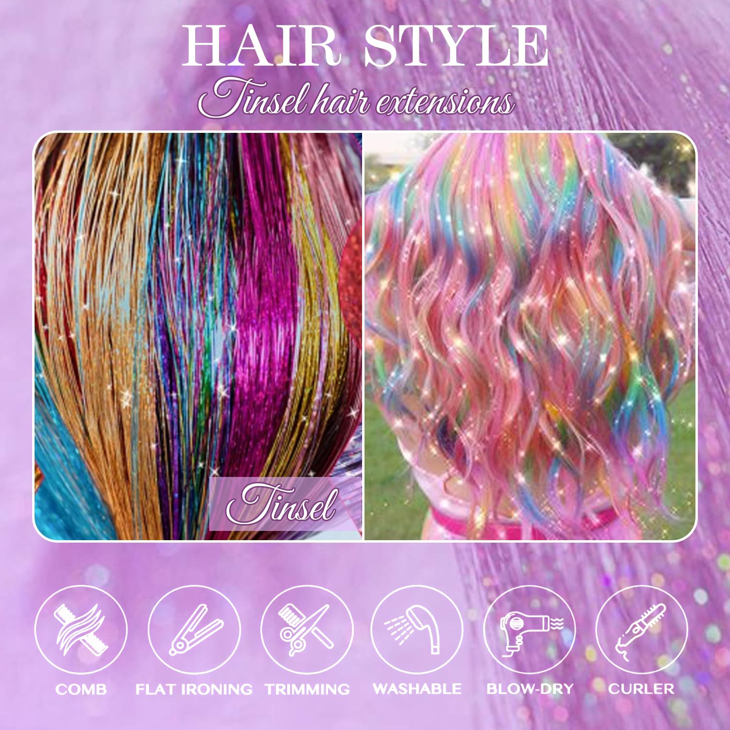Hair Tinsel 10 Colors 3200 Strands 48In with Tools Fairy Tinsel Hair Extensions