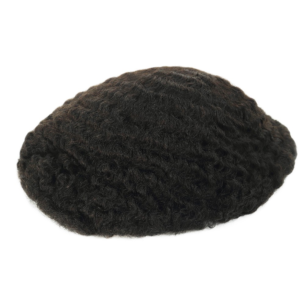 Mens Toupee Human Hair Afro Curl 8mm Full Lace Wig for Men Black Hair System #1B