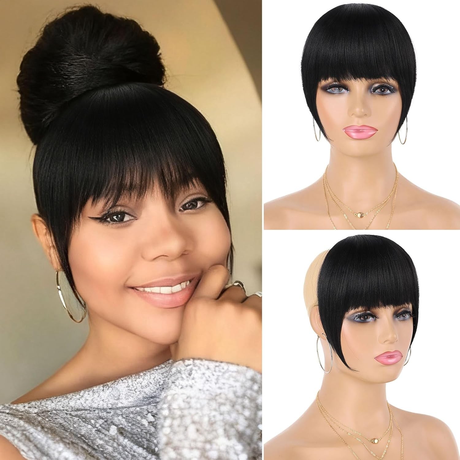 Black Women Clip in Bangs Yaki Kinky Straight Hair Extensions Short Hair