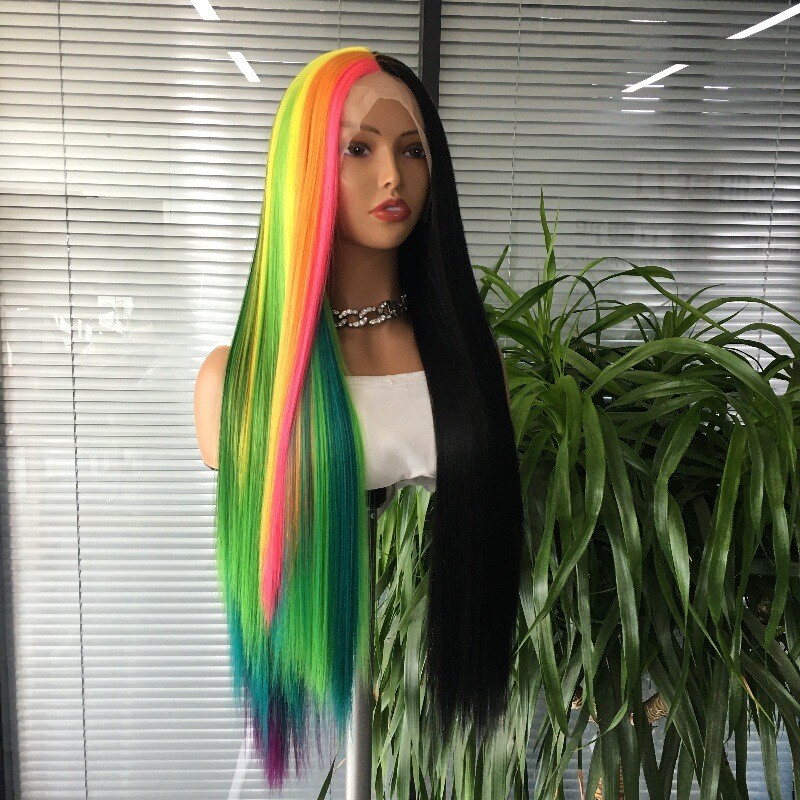 Long Straight Half Rainbow Half Black Lace Front Wigs for Women Party Wigs