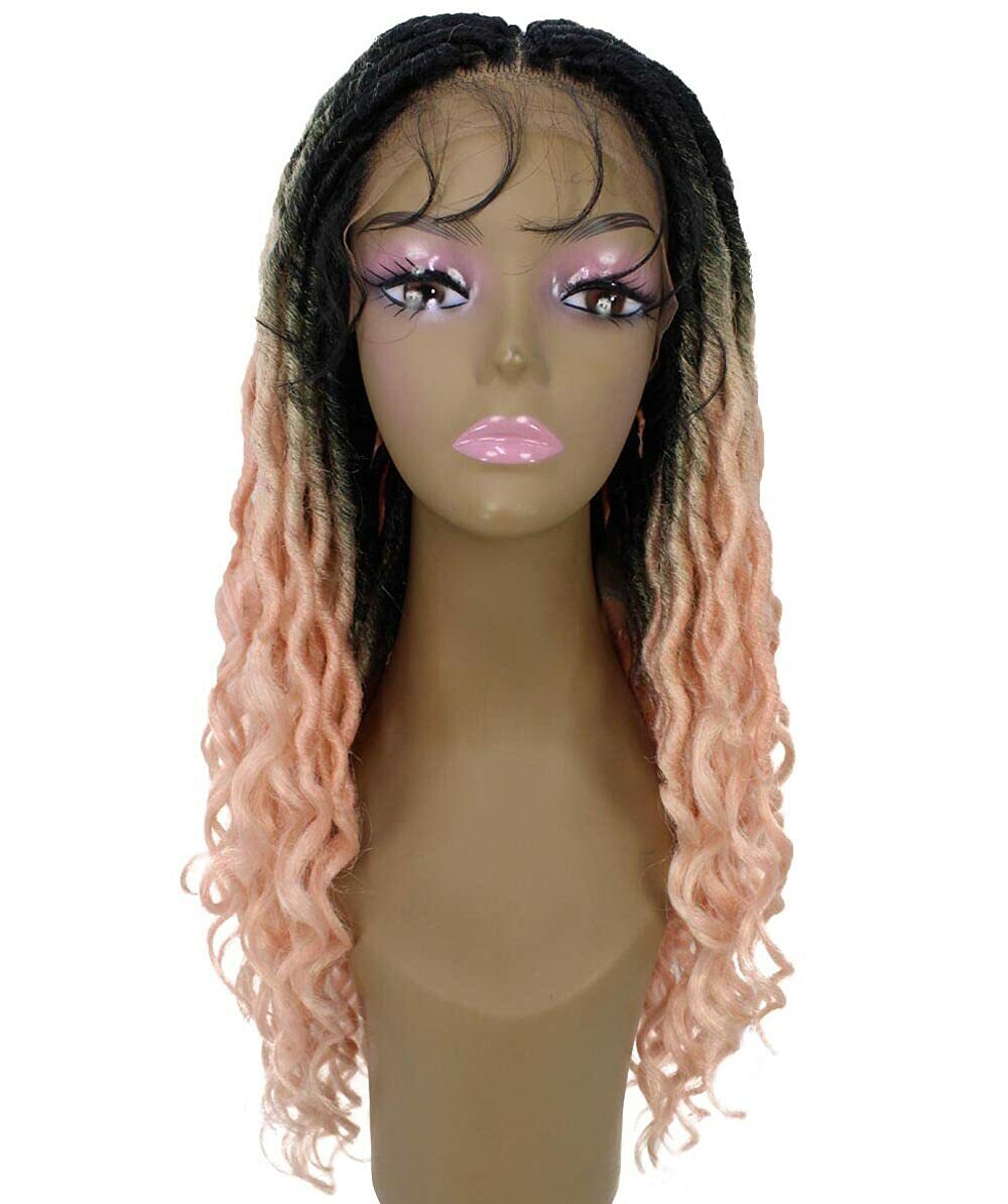 LUXLUXE Andrea 4×4 Curly Long Hand Tied Lace Braid Black to Light Pink Ombre Wig