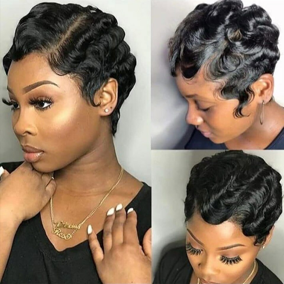 Short Pixie Cut Finger Wave Wigs Human Hair Wigs Colored For Women Machine made